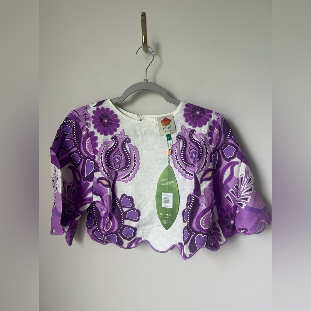 Farm Rio Purple Cream Floral Festival Crop Top Short Sleeve